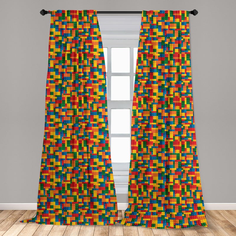 Ambesonne Building Blocks Window Curtains  Themed Digital Design Toy Dotted Matching Rectangles Print  Lightweight Decor 2-Panel Set with Rod Pocket  Pair of - 28"" x 95""  Yellow Red - Image 3