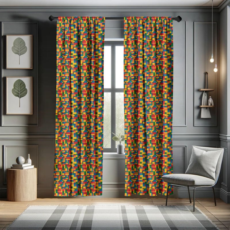 Ambesonne Building Blocks Window Curtains  Themed Digital Design Toy Dotted Matching Rectangles Print  Lightweight Decor 2-Panel Set with Rod Pocket  Pair of - 28"" x 95""  Yellow Red - Image 5