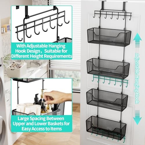 HapiRm Over The Door Organizer - Hanging Door Organizer with 4 Metal Large Capacity Baskets and Adjustable Coat Hook for Bathroom Bedroom Kitchen Pantry Closet Cabinet - Image 3