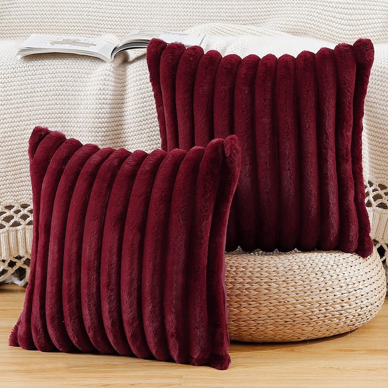 MADIZZ Set of 2 Faux Wool Plush Decorative Throw Pillow Covers 26x26 Inch Burgundy Fluffy Striped Soft Decorative Cushion Cover for Sofa Bedroom Pillow Shell - Image 1