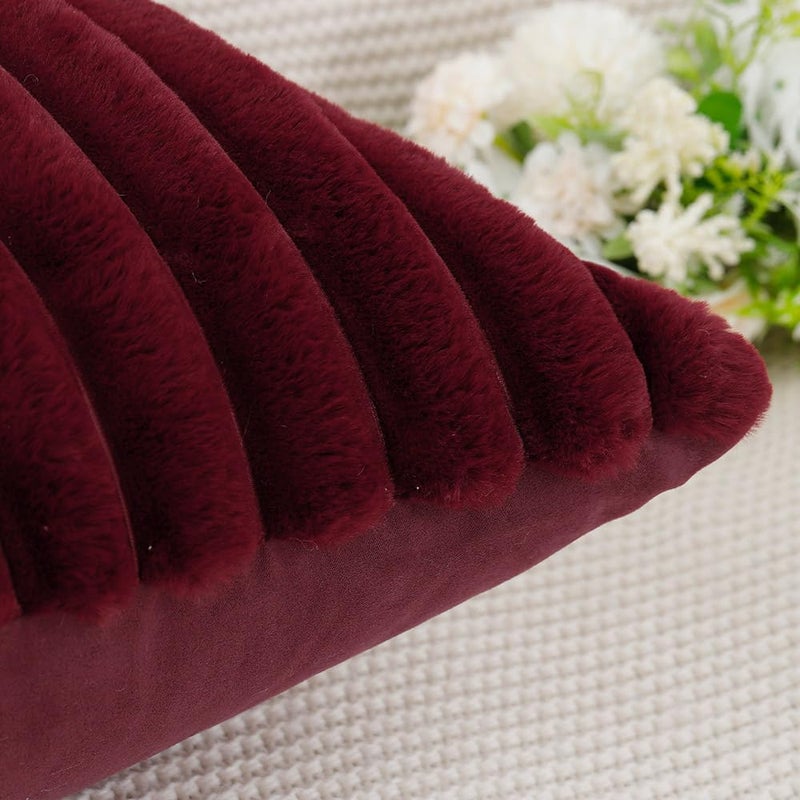 MADIZZ Set of 2 Faux Wool Plush Decorative Throw Pillow Covers 26x26 Inch Burgundy Fluffy Striped Soft Decorative Cushion Cover for Sofa Bedroom Pillow Shell - Image 5