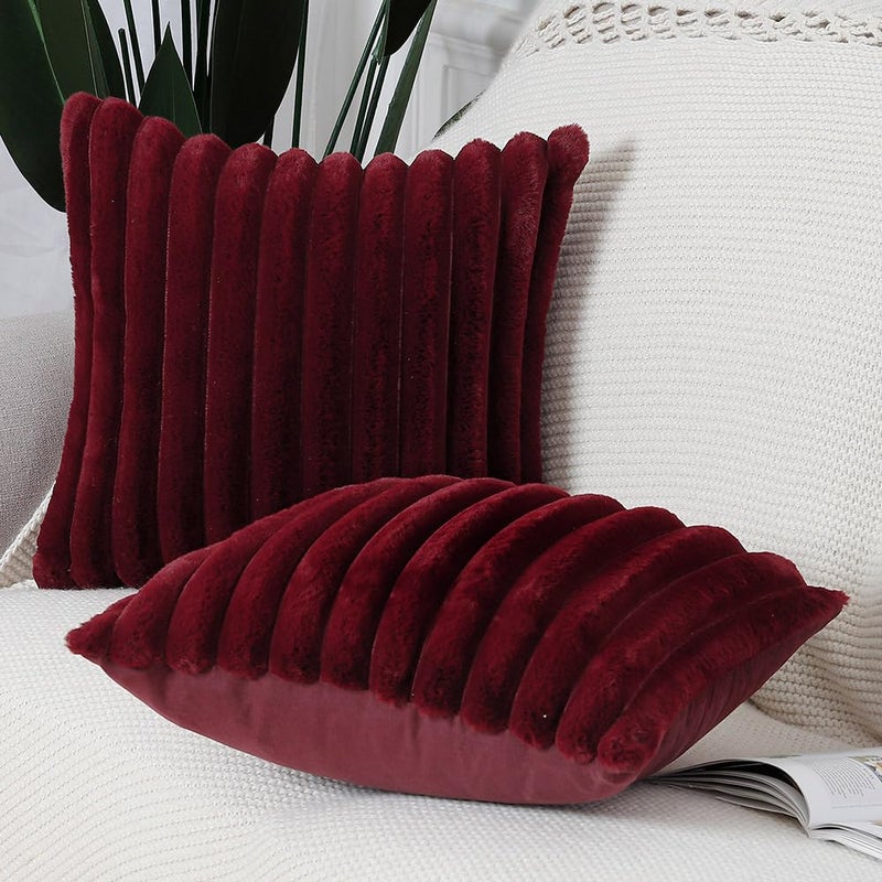 MADIZZ Set of 2 Faux Wool Plush Decorative Throw Pillow Covers 26x26 Inch Burgundy Fluffy Striped Soft Decorative Cushion Cover for Sofa Bedroom Pillow Shell - Image 3
