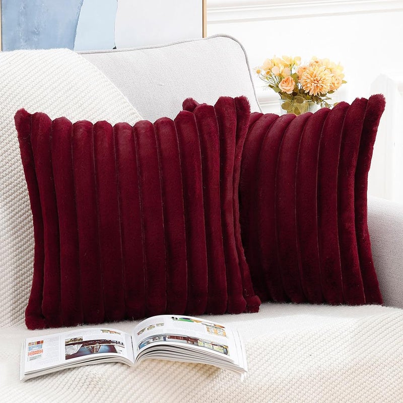 MADIZZ Set of 2 Faux Wool Plush Decorative Throw Pillow Covers 26x26 Inch Burgundy Fluffy Striped Soft Decorative Cushion Cover for Sofa Bedroom Pillow Shell - Image 2