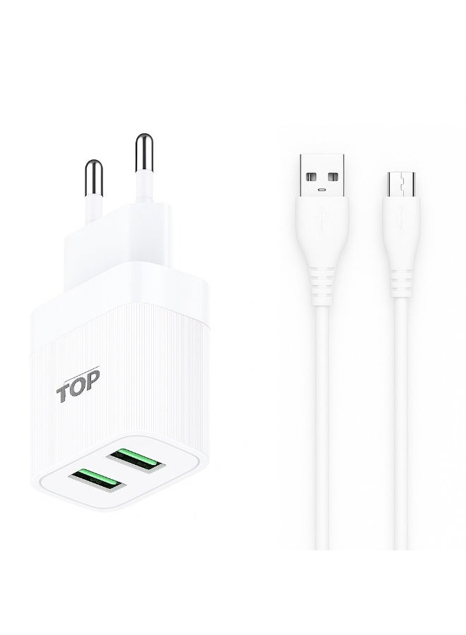 Top Micro 2 USB Fast Wall Charger - 20W - Auto-ID Technology - Multiple Protections and High Performance - Compatible with All Devices - White - Image 1