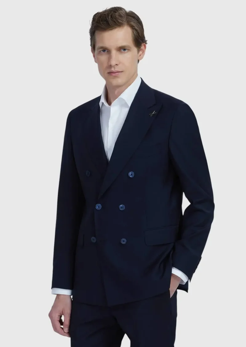 RAMSEY Navy Blue Plain Zeroweight Slim Fit Wool Blended Suit