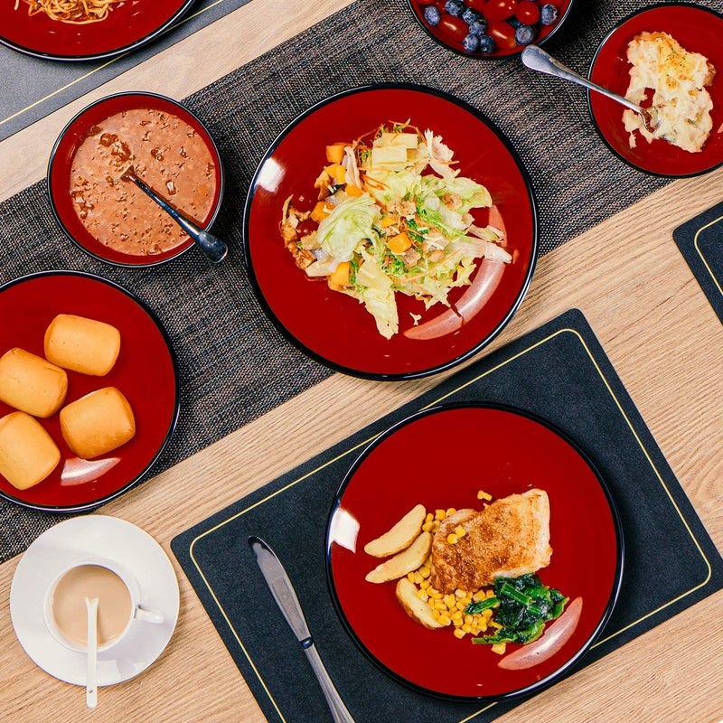 TP 11 Melamine Dinner Plates 6piece Plate Set Unbreakable Serving Dishes for Indoor and Outdoor Unbreakable Dinner Service for 6 Black  Red - Image 2
