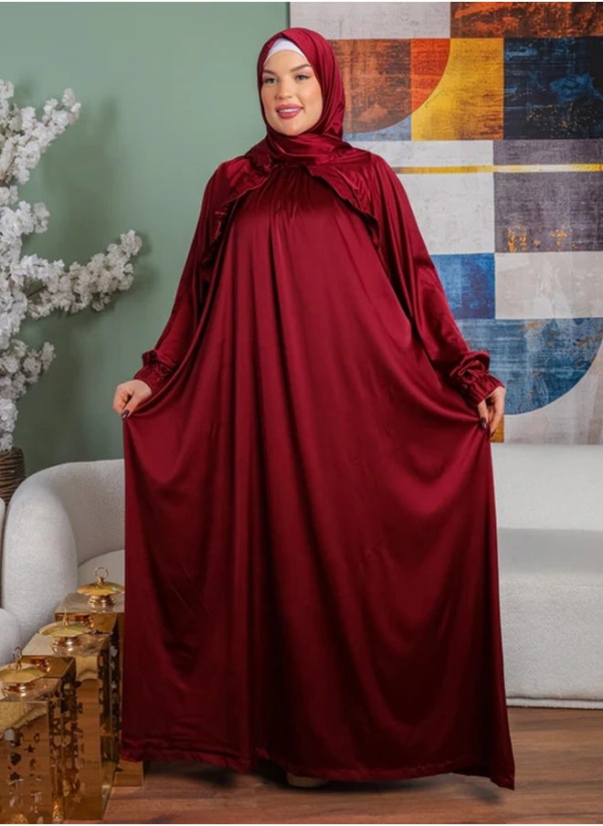 زمرد ثوب صلاة حرير ستان  ساده عملي مع غطاء الرأس من زمرد فاشون-تركي  - Image 2