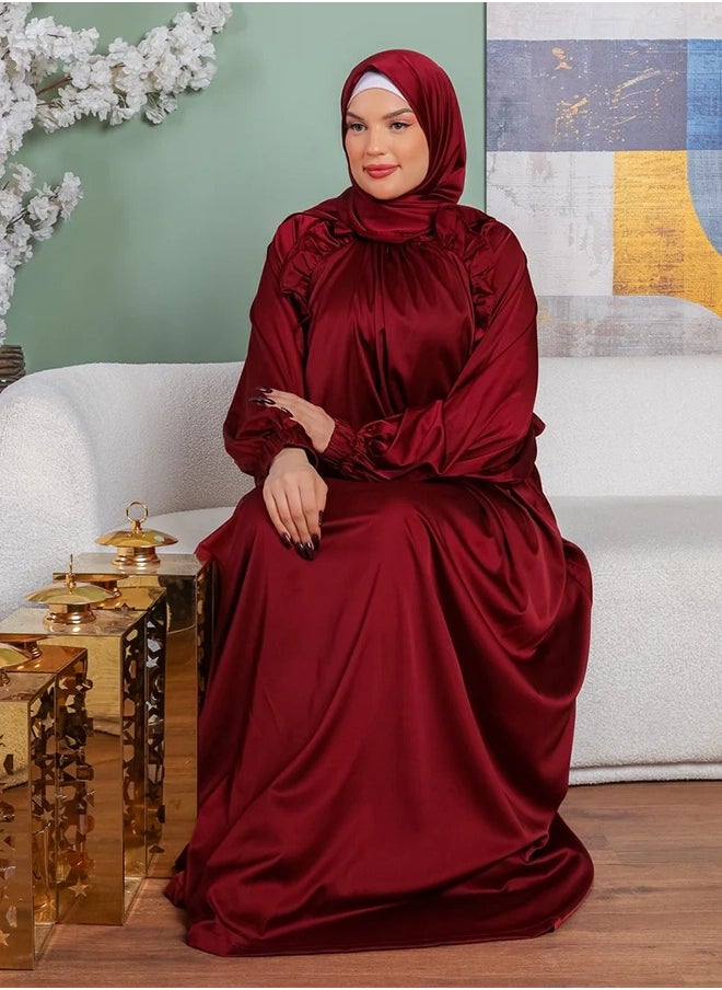 زمرد ثوب صلاة حرير ستان  ساده عملي مع غطاء الرأس من زمرد فاشون-تركي  - Image 3