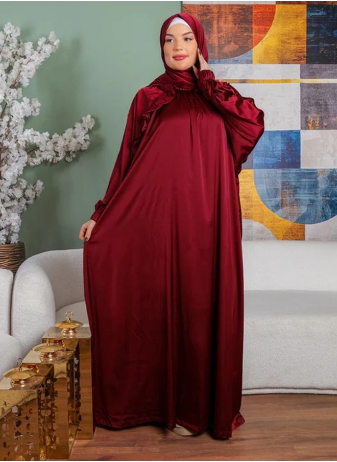 زمرد ثوب صلاة حرير ستان  ساده عملي مع غطاء الرأس من زمرد فاشون-تركي  - Image 4