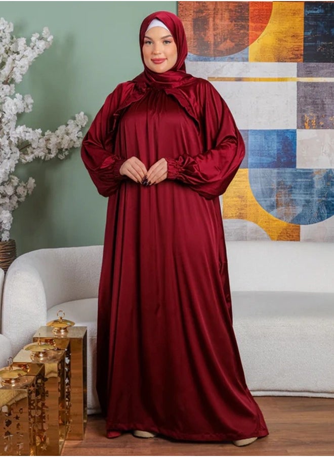 زمرد ثوب صلاة حرير ستان  ساده عملي مع غطاء الرأس من زمرد فاشون-تركي  - Image 5