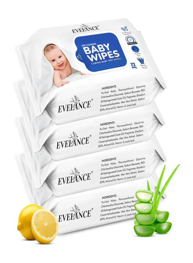 EVELANCE Soft Cleansing Baby Wet Wipes (Pack of 4) 72 Wipes Each, Daily Use Wipe Enriched with Glycerine, Aloe Vera, Lemon, 98% Water, For New Born Babies and Kids - Image 1