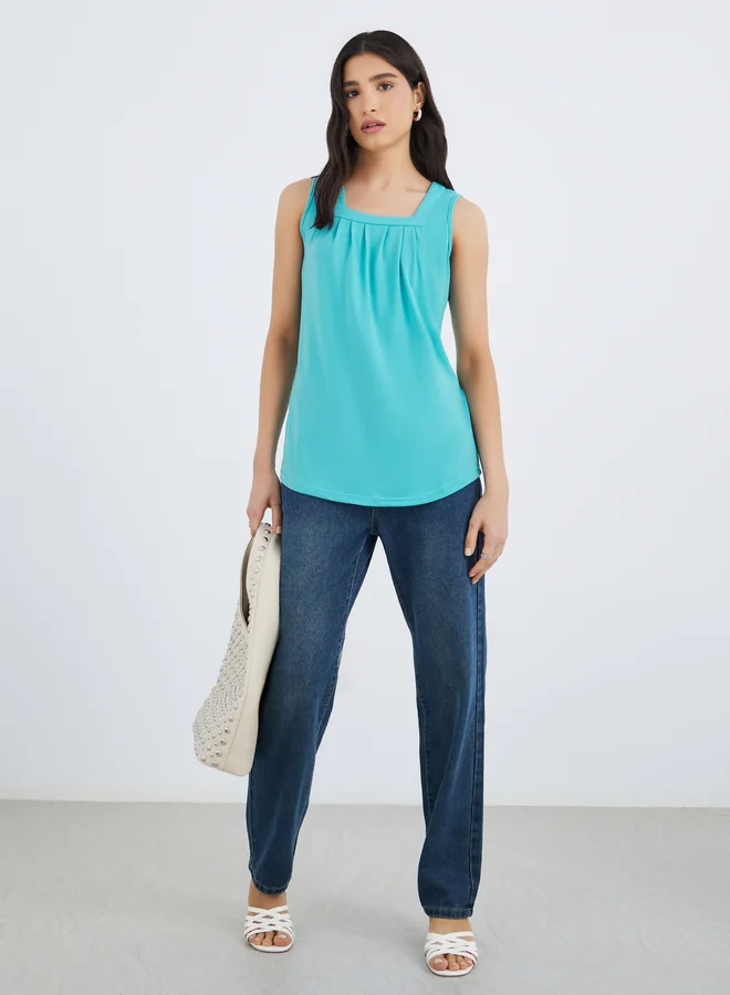تايك تو Take Two Solid Square Neck Sleeveless Top