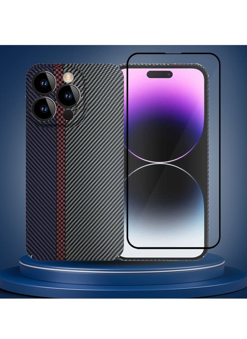 CATANES - iPhone 14 Pro Carbon Case and Screen Protector Unique Design Mixed Amazing Color Aramid Carbon Fiber Phone Case Blue - Image 1