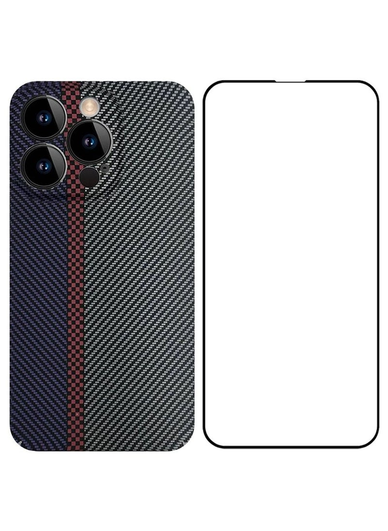CATANES - iPhone 14 Pro Carbon Case and Screen Protector Unique Design Mixed Amazing Color Aramid Carbon Fiber Phone Case Blue - Image 1