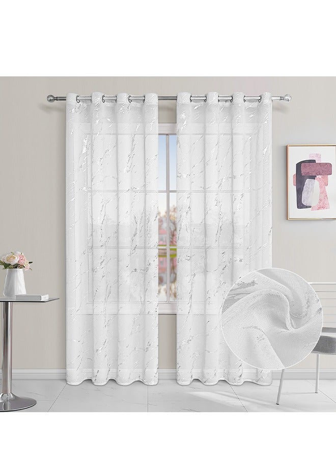 إسكدنيا ستائر بتصميم رخام 2 قطعة، ستائر شيفون شبه شفافة، تصميم رخام بالطباعة الساخنة، مناسبة للمقاهي وغرف النوم وغرف المعيشة، 100 * 200 سم (أبيض) - Image 4