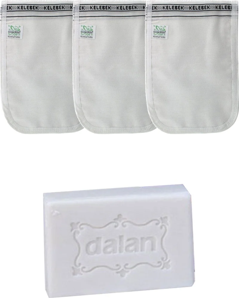 Kelebek - Invalid brand Thin Standard White Bath Bag with Tie 3 Pieces + Dalan Sultan Hamam Natural Bath Soap 200 gr