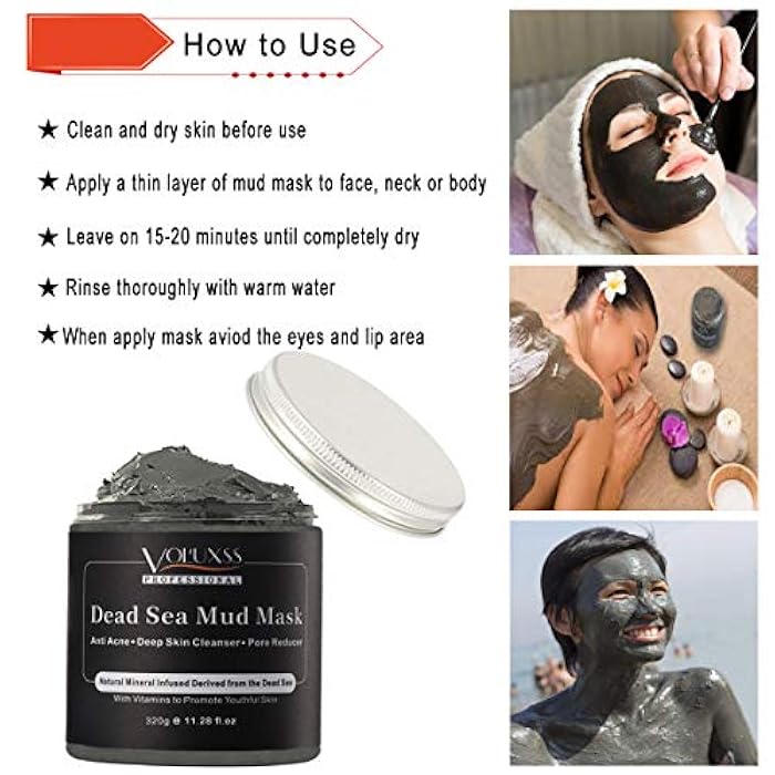 Voluxss Dead Sea Mud Mask for Face and Body,Deep Cleansing Face Mask for Acne,Pore Minimizer,Natural Skincare Charcoal Blackheads Remover,Skincare Spa Clay Facial Mask for Women & Men 11.28fl.oz - Image 5