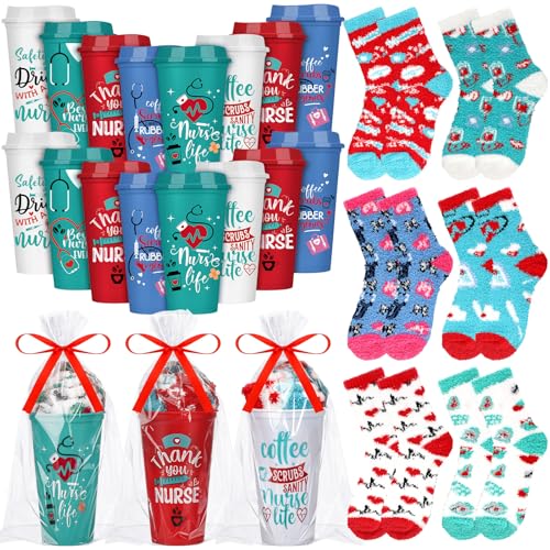 Remerry 40 Pcs Nurses Week Gifts for Coworkers Funny Nursing Coffee Cup Fuzzy Socks Set for Pack Respiratory Care Week Appreciation Gift 16 oz Nurse Reusable Coffee Cup DIY Socks Gift - Image 1