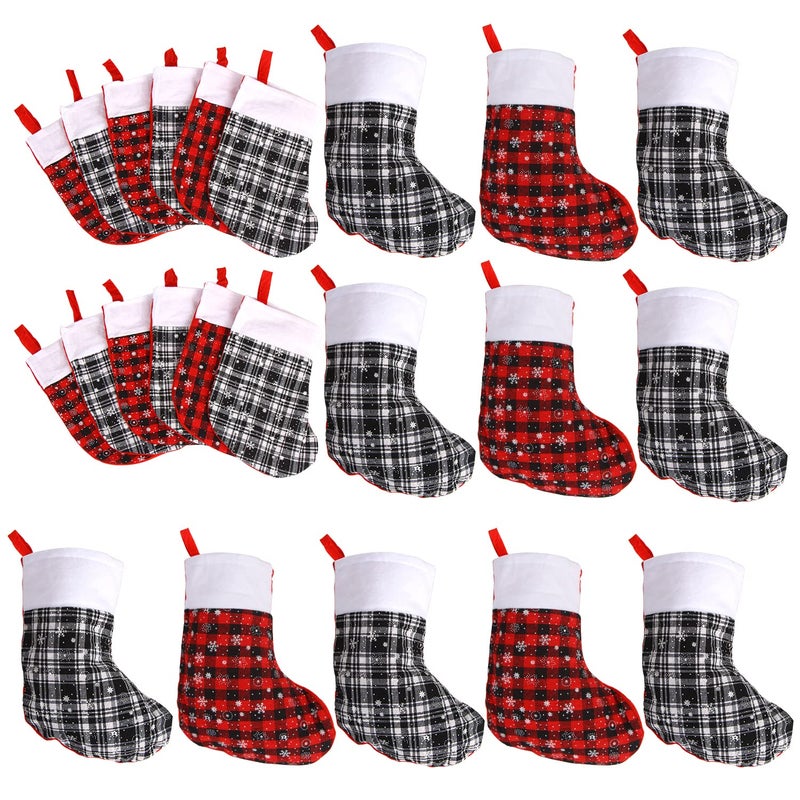 CCINEE 24pcs Christmas Mini Stockings 9 Snowflakes Stocking Black White and Black Red Buffalo Plaid Christmas Stockings Fireplace Hanging Stockings for Family Holiday Xmas Party