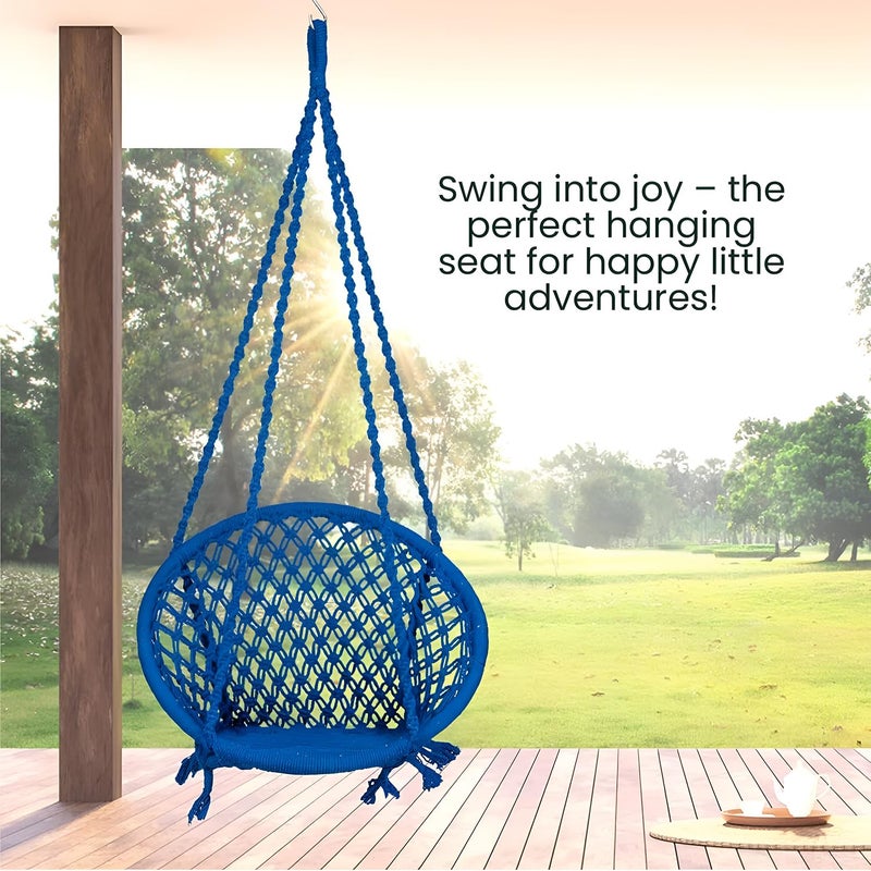 ORILEY كرسي أرجوحة معلق بحبل هامة من القطن مع ملحقات لشرفة غرفة المعيشة الداخلية والخارجية بسعة 120 كجم مناسب للأطفال والبالغين (عبوة من 1، 20x20x65 بوصة، أزرق) - Image 5