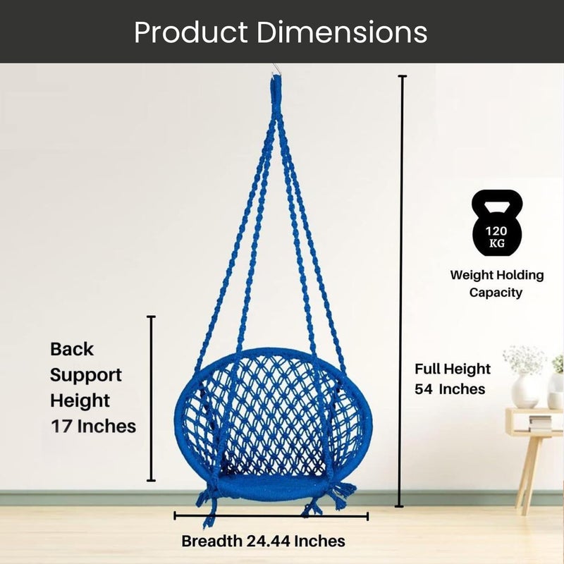 ORILEY كرسي أرجوحة معلق بحبل هامة من القطن مع ملحقات لشرفة غرفة المعيشة الداخلية والخارجية بسعة 120 كجم مناسب للأطفال والبالغين (عبوة من 1، 20x20x65 بوصة، أزرق) - Image 2