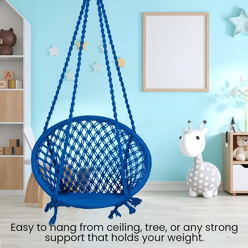 ORILEY كرسي أرجوحة معلق بحبل هامة من القطن مع ملحقات لشرفة غرفة المعيشة الداخلية والخارجية بسعة 120 كجم مناسب للأطفال والبالغين (عبوة من 1، 20x20x65 بوصة، أزرق) - Image 4