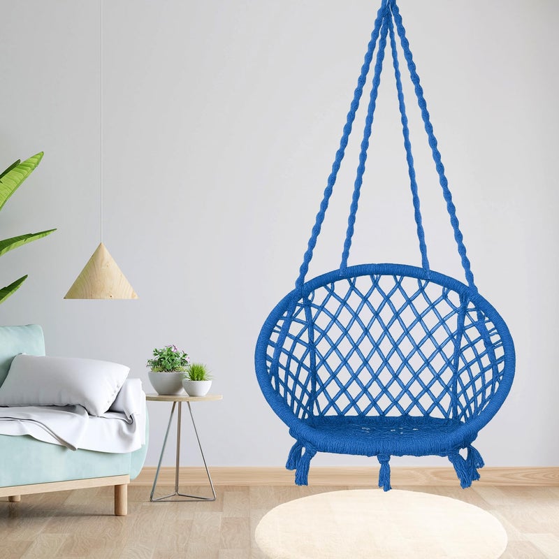 ORILEY كرسي أرجوحة معلق بحبل هامة من القطن مع ملحقات لشرفة غرفة المعيشة الداخلية والخارجية بسعة 120 كجم مناسب للأطفال والبالغين (عبوة من 1، 20x20x65 بوصة، أزرق) - Image 1