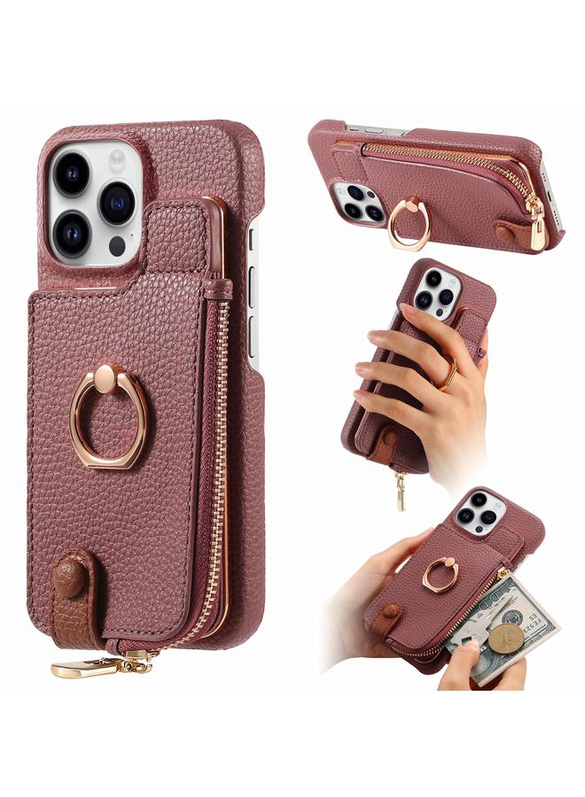 اس-توب جراب لهاتف iPhone 15 Pro مصنوع من جلد الليتشي مع حافة زيتية وسحاب ومحفظة خلفية للهاتف - Image 1