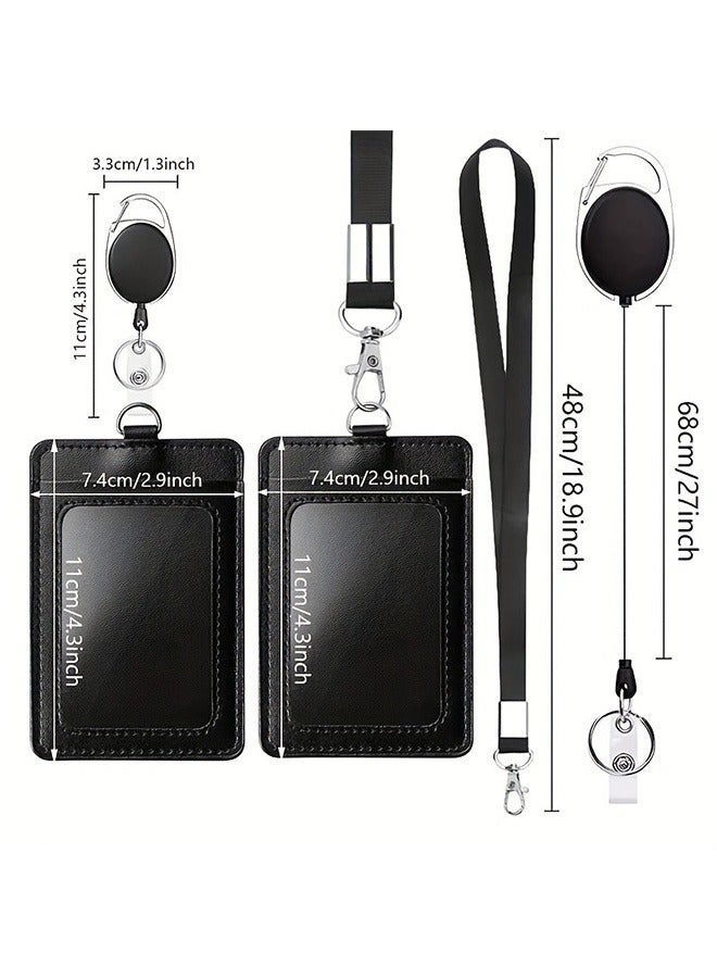 حامل بطاقة هوية مكون من قطعتين، مع حبل قصير ومشبك بكرة شارة قابل للسحب، مجموعة حامل شارة هوية من الجلد للجنسين للعمل والمدرسة وبطاقة المترو - Image 4