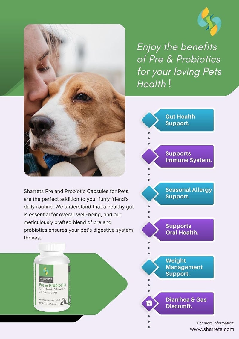 Sharrets Pre and Probiotics Immunity Digestive Gut Health Supplement for Dogs/Pets, 60 Capsules - Image 3