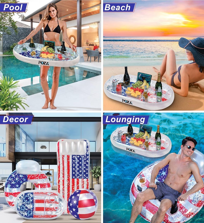 POZA Inflatable USA Pool Float - Luxurious Fun Lounger Filled with Sparkle Silver Stars Confetti, Cool USA Flag Design Water Swimming Pool Floaties for Beach, Lake & Pool - Image 4