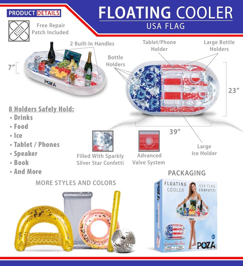 POZA Inflatable USA Pool Float - Luxurious Fun Lounger Filled with Sparkle Silver Stars Confetti, Cool USA Flag Design Water Swimming Pool Floaties for Beach, Lake & Pool - Image 3