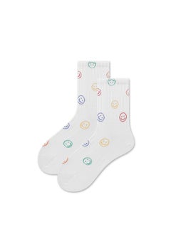 1 Pair Crew Socks Cute Smiling Face Socks  Casual Soft Cotton Socks Cartoon Smiley Face Ankle Socks White