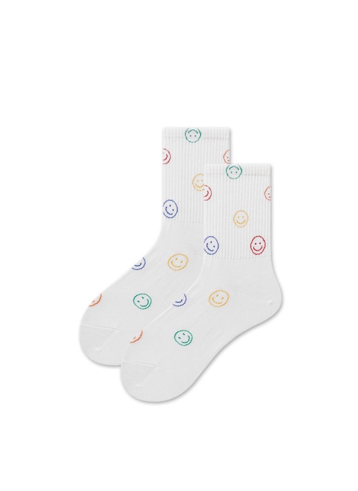 Generic - 1 Pair Crew Socks Cute Smiling Face Socks  Casual Soft Cotton Socks Cartoon Smiley Face Ankle Socks White - Image 1
