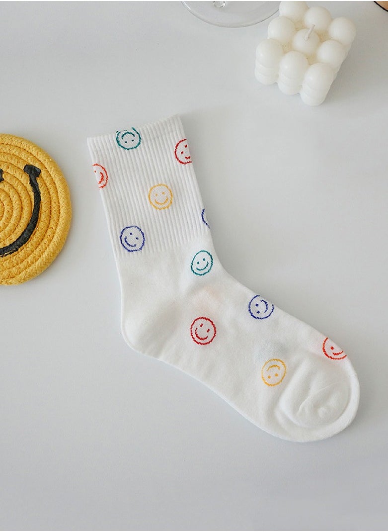Generic - 1 Pair Crew Socks Cute Smiling Face Socks  Casual Soft Cotton Socks Cartoon Smiley Face Ankle Socks White - Image 1