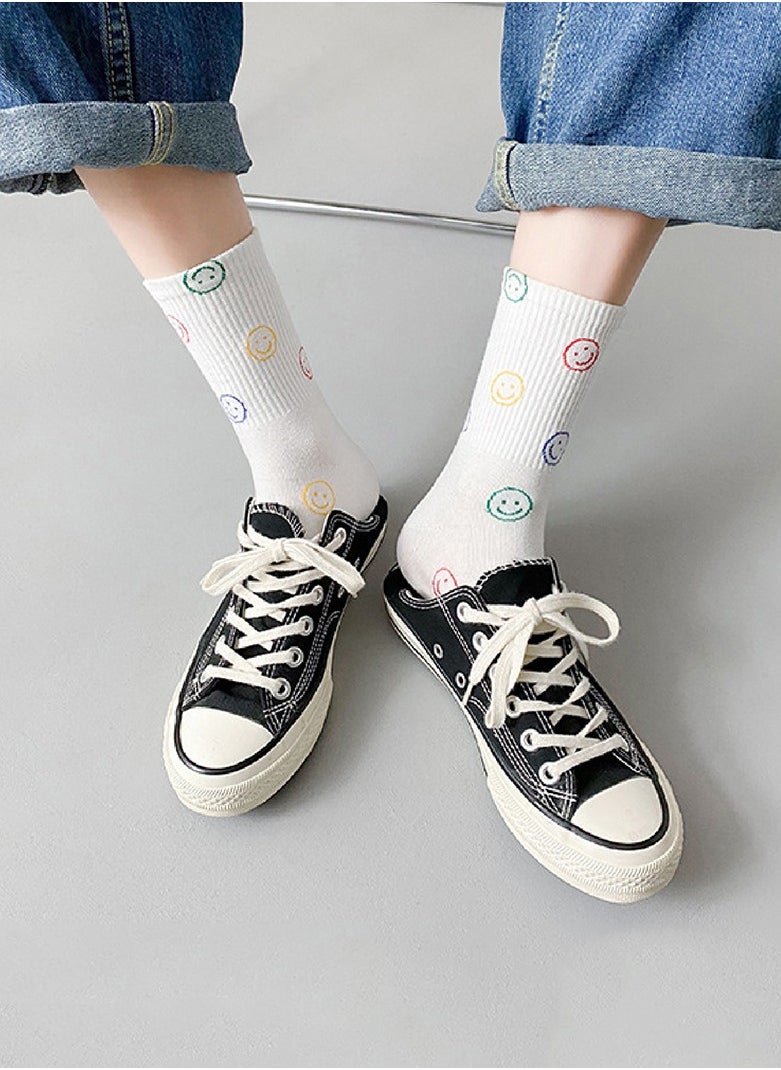 Generic - 1 Pair Crew Socks Cute Smiling Face Socks  Casual Soft Cotton Socks Cartoon Smiley Face Ankle Socks White - Image 1