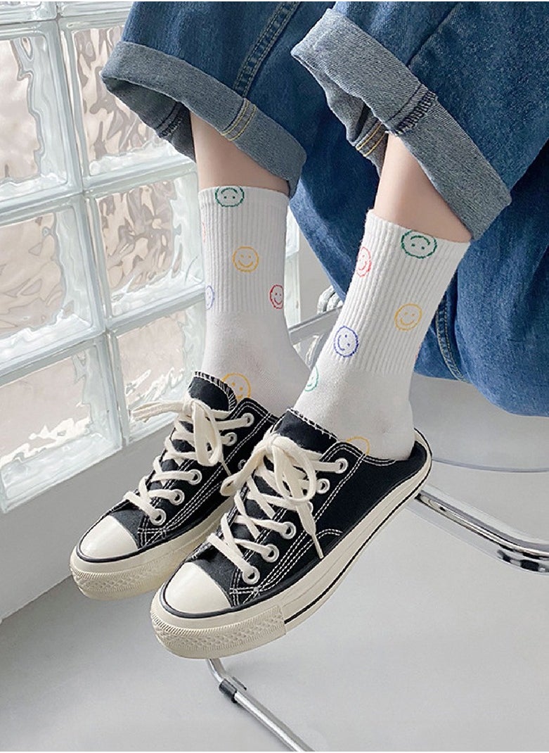 Generic - 1 Pair Crew Socks Cute Smiling Face Socks  Casual Soft Cotton Socks Cartoon Smiley Face Ankle Socks White - Image 1