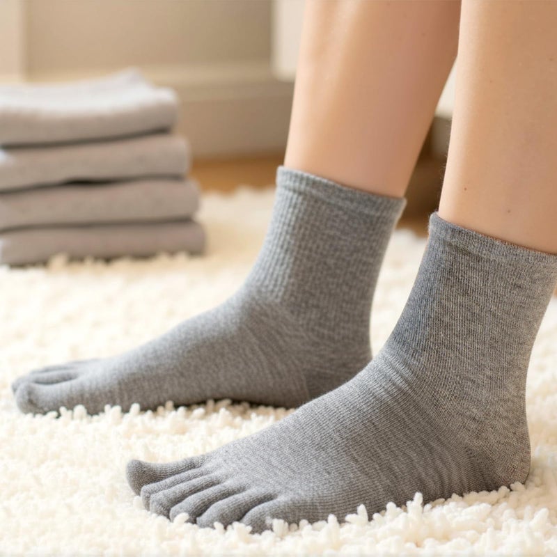 Alrhso 4 Pair Toe Socks for Women Five Finger Cotton Socks with Toes Separated for Women Men Individual Running Toe Crew Sock Black, White, Dark, Grey, Light Grey - Image 3