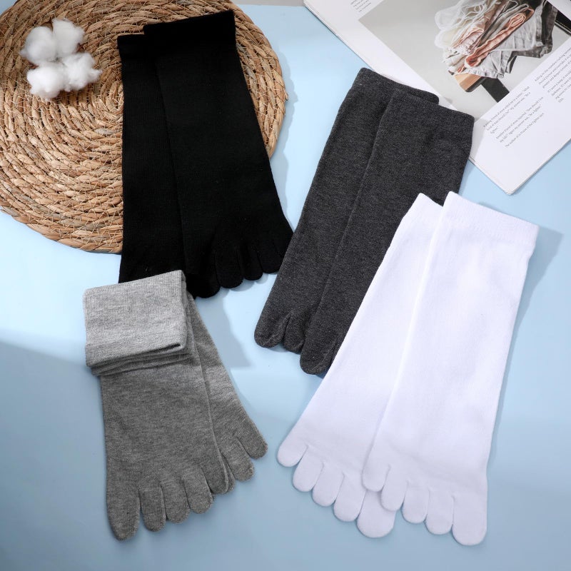 Alrhso 4 Pair Toe Socks for Women Five Finger Cotton Socks with Toes Separated for Women Men Individual Running Toe Crew Sock Black, White, Dark, Grey, Light Grey - Image 2