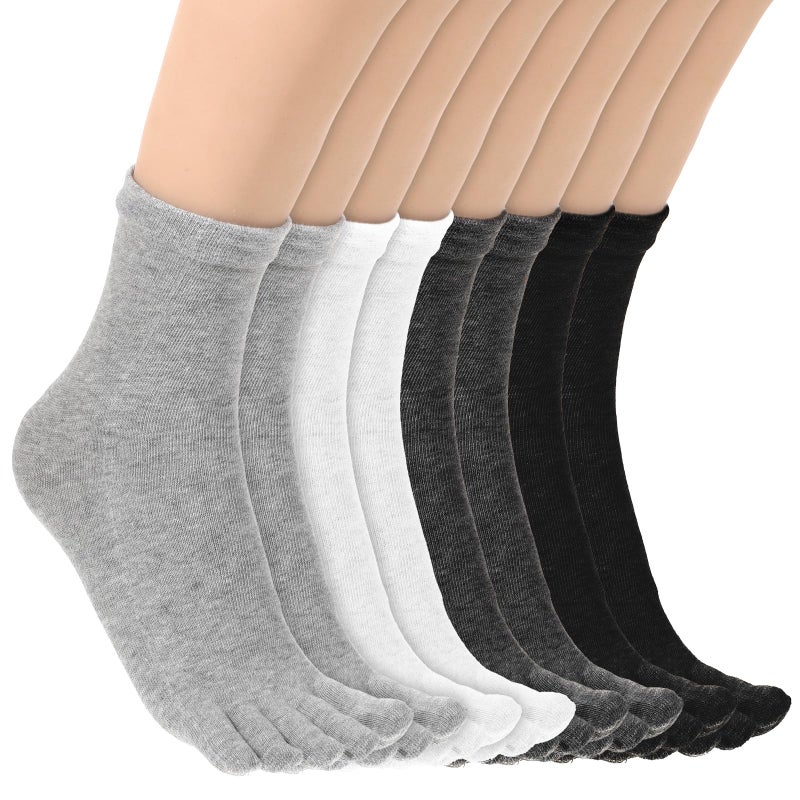 Alrhso 4 Pair Toe Socks for Women Five Finger Cotton Socks with Toes Separated for Women Men Individual Running Toe Crew Sock Black, White, Dark, Grey, Light Grey - Image 1
