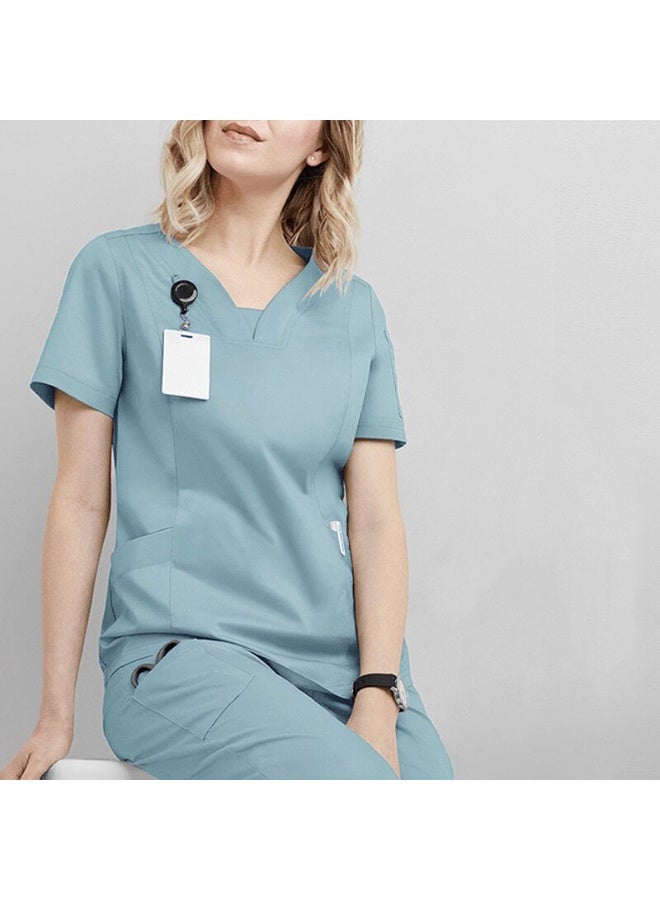 Loquat Womens Medical Scrubs Single Top Medical Uniform Single Printed Top Light Blue - Image 1