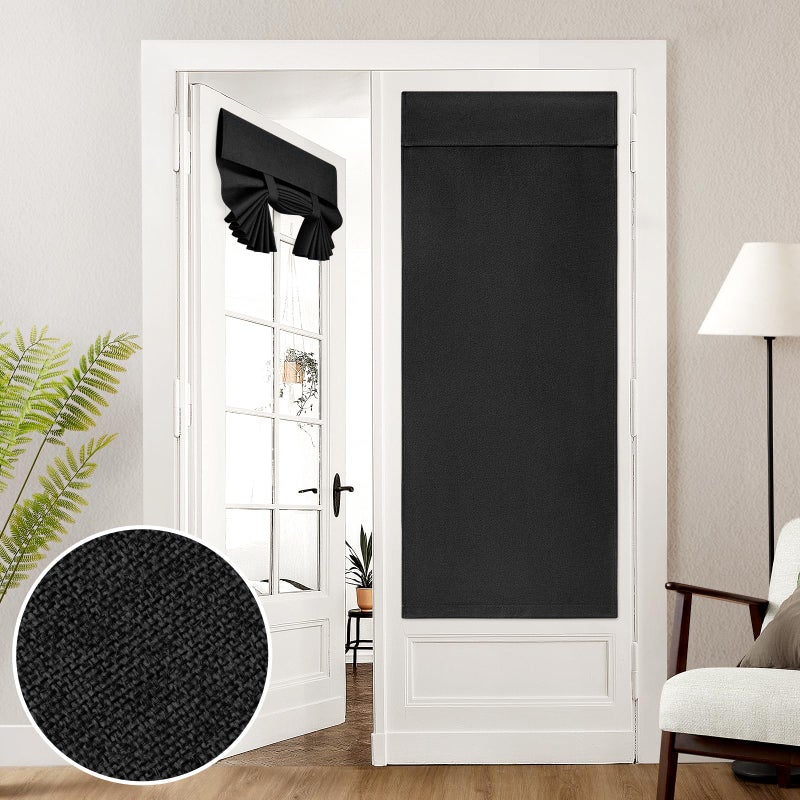 HOMEIDEAS 100% Linen Blackout French Door Curtains  Privacy Door Window Curtains  26 X 40 Inch Room Darkening Blinds  Thermal Insulated Shades for Bedroom  1 Panel  Black - Image 3