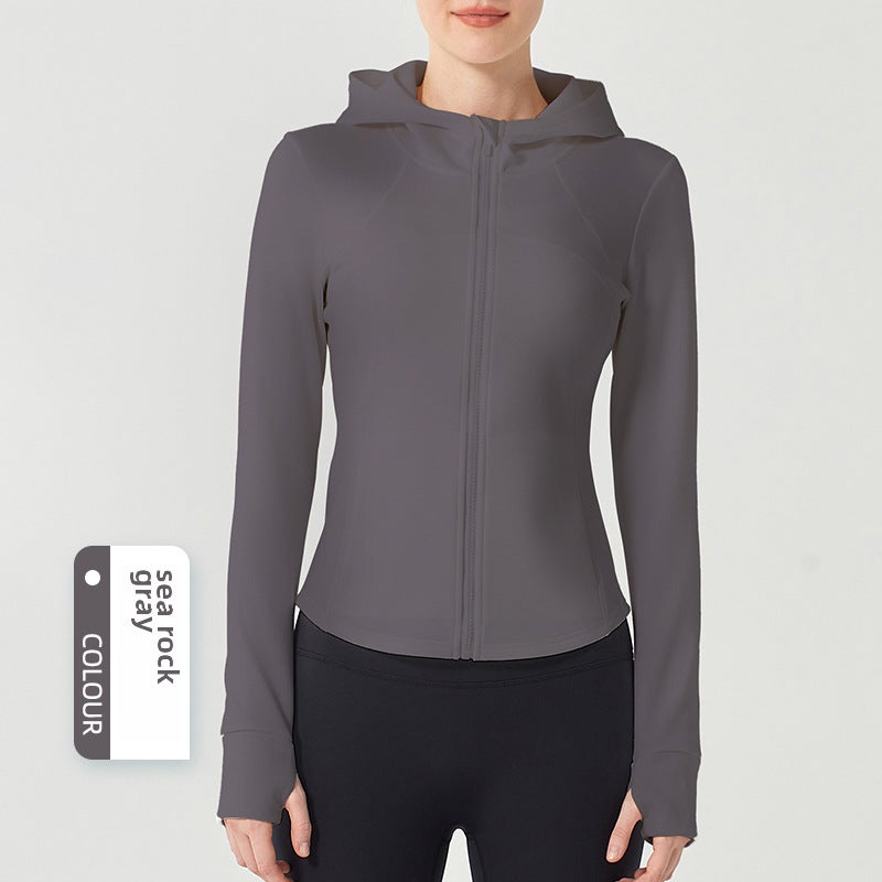 Womens Slim Fit Hooded Zipper Sportswear Yoga Jacket for Running Sea Rock Gray 