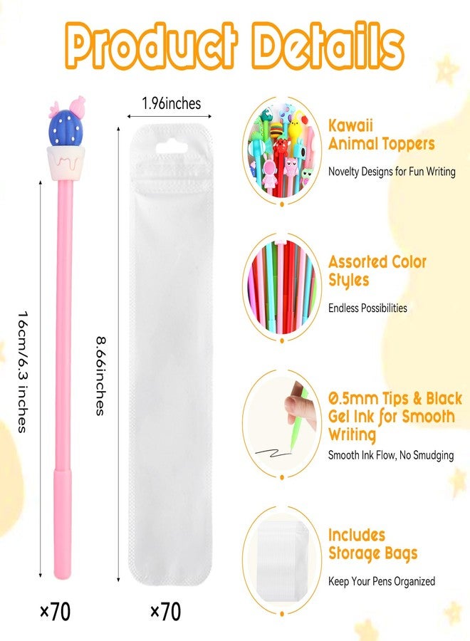 TOEMUR 140 Pcs Cute Pens Bulk - 70 Fun Character Pens with 70 Pen Bags, Kawaii Animal & Cartoon Gel Pens for School, Office, Student Prizes, Birthday & Christmas Party Favors, Bingo Prizes (Colorful) - Image 2