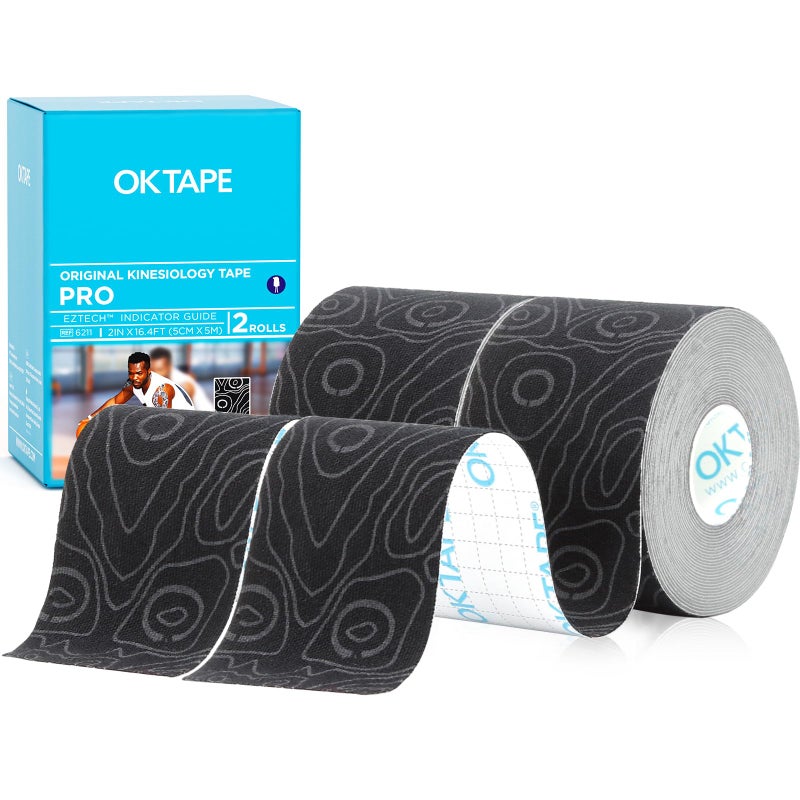 OK TAPE PRO Kinesiology Tape, 2inch x Long Roll 16ft Free Cut Tape, Elastic Athletic Tape Therapeutic Latex Free, 2 Rolls Black+Black - Image 1