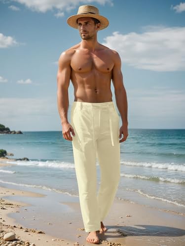Janmid Men Casual Beach Trousers Linen Summer Pants Beige XL - Image 3