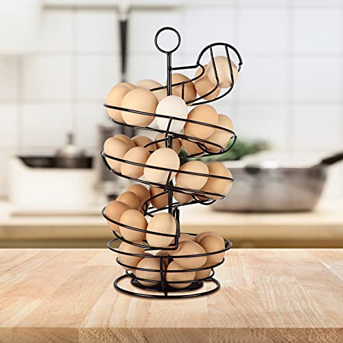 QUTREY Black Metal Egg Holder Countertop, Fresh Egg Skelter, Spiral Design Egg Dispenser Rack with Storage Basket for Kitchen - Image 5