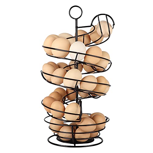 QUTREY Black Metal Egg Holder Countertop, Fresh Egg Skelter, Spiral Design Egg Dispenser Rack with Storage Basket for Kitchen - Image 1