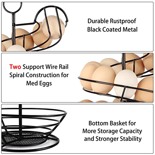 QUTREY Black Metal Egg Holder Countertop, Fresh Egg Skelter, Spiral Design Egg Dispenser Rack with Storage Basket for Kitchen - Image 3
