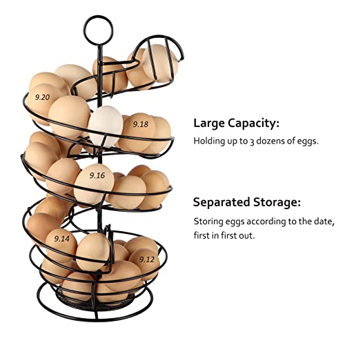 QUTREY Black Metal Egg Holder Countertop, Fresh Egg Skelter, Spiral Design Egg Dispenser Rack with Storage Basket for Kitchen - Image 4